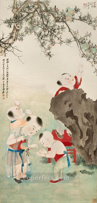 Chang dai chien niños jugando bajo un granado chino antiguo de 1948 Pintura al óleo